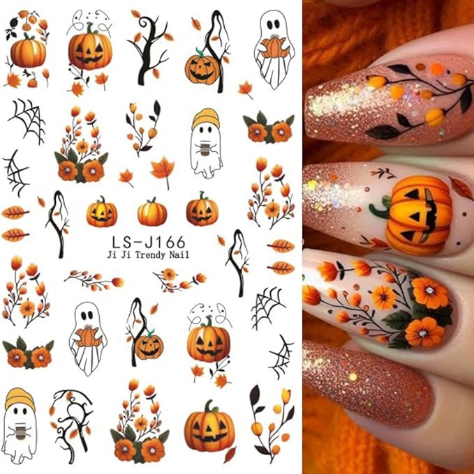 Halloween Nail Art Stickers 3D Pumpkin Flower Ghost Nail Stickers 6PCS Skull Ghosts Virus Leaf Bat Halloween Nails Design Adhesive Decals Manicure Nail Art Accessories Sliders for Women DIY Nail Art