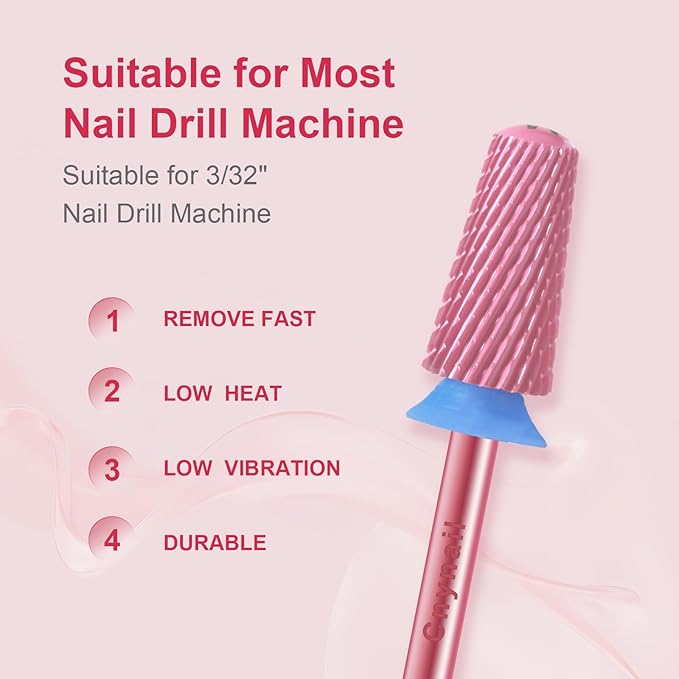 3/32" Large Tapered Smooth Top Bit Tungsten Carbide Nail Drill Bit Safety Bit for Gel & Acrylic Removal, 2- Way Rotating Efile Tip, Salon Electric File Accessory (M Girt, Rose Red)