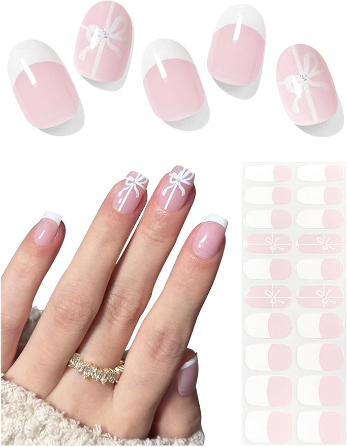 Semi Cured Gel Nail Strips, 20pcs French Bowknot Gel Nail Stickers UV for Home Nails DIY