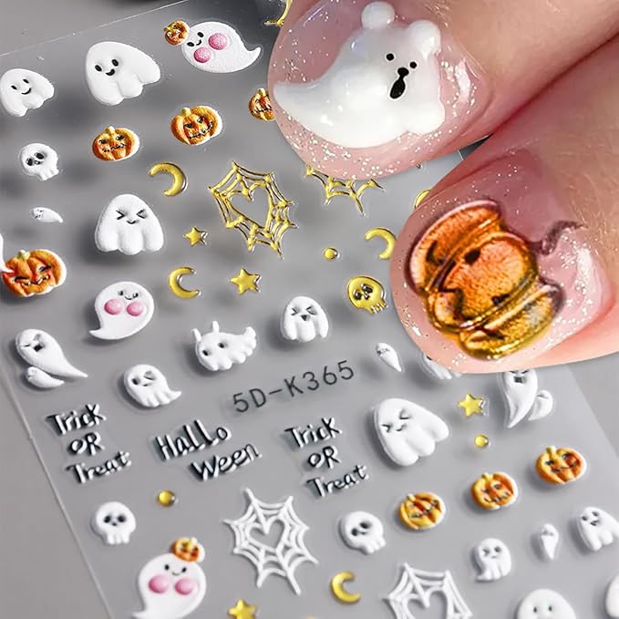 3 Sheets Halloween Nail Stickers for Nail Art, 5D Embossed Halloween Nail Art Stickers Cute Cat Ghost Nails Decals Self-Adhesive Gold Pumpkin Spider Web Nails Supplies for Women DIY Manicure Decor