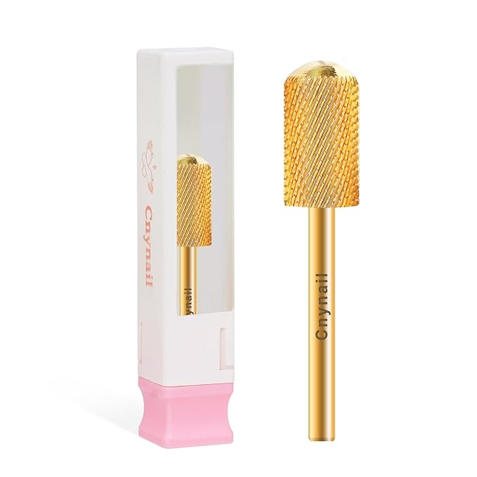 3/32" Large Barrel Smooth Round Top Tungsten Carbide Nail Drill Bit Safety Bit for Gel & Acrylic Removal, 2-Way Rotating Efile Tip, Salon Electric File Accessory (F Grit, Gold)