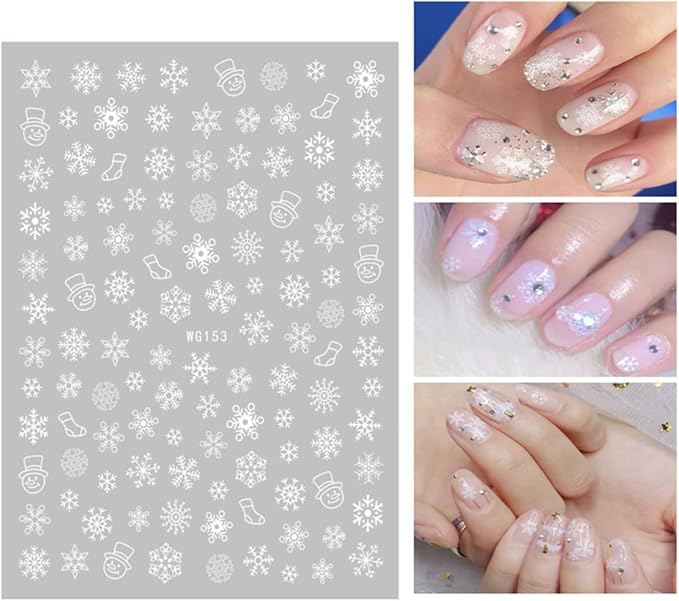 8 Sheets Christmas Nail Art Stickers 3D White Snowflake Nail Decals Xmas Tree Snowman Reindeer Santa Claus Nail Stickers Holiday Winter Nail Design Christmas Nail Decoration for Women Girls