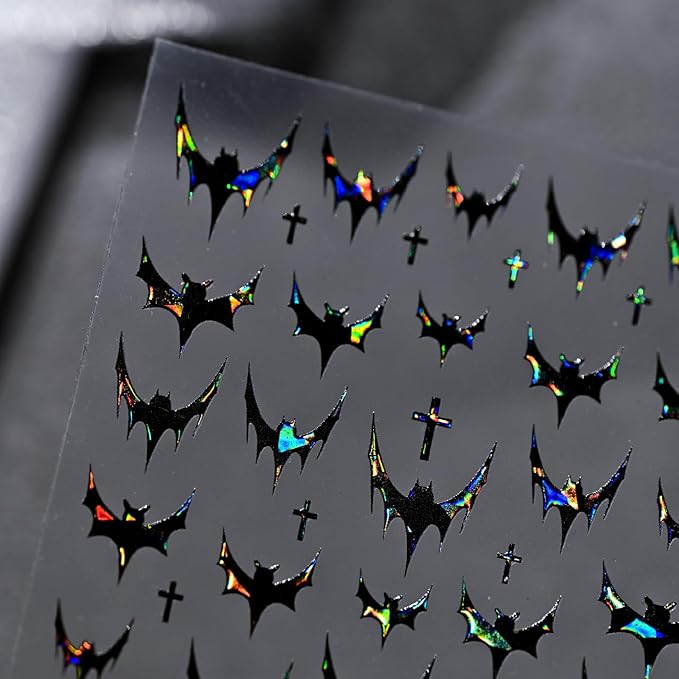Halloween Nail Art Stickers Decals Dark Black Bat Nail Stickers 1PCS 3D Embossed Laser Bat Cross Gothic French Design Halloween Nail Decals Manicure Sliders for Women DIY Nail Art Decorations Supplies