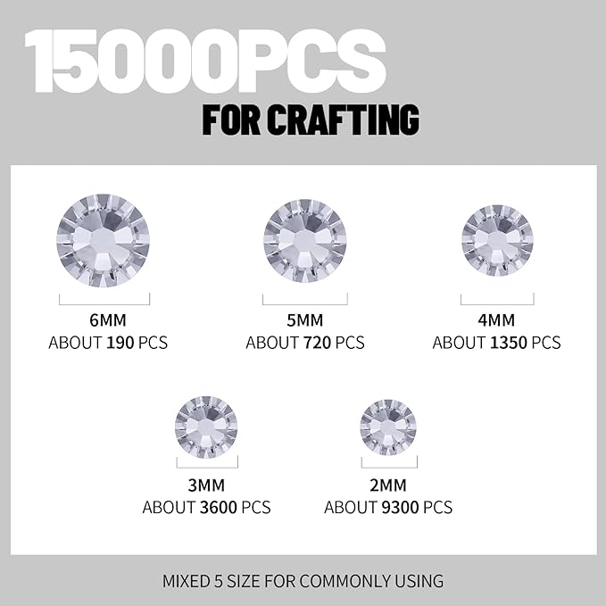 FANDAMEI Silver Rhinestones, 15000 PCS Resin Rhinestone, Non Hotfix Gems for Crafting, Flatback Rhinestones for Crafting, Clear Rhinestone for Nails, Mixed Sizes 2/3/4/5/6mm