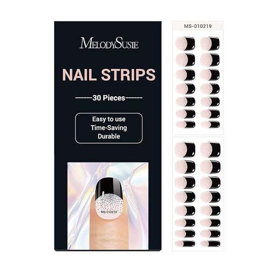 MelodySusie 30PCS Semi Cured Gel Nail Strips (Bling Black French Tips), Works with Nail lamp, Salon Quality, Long Lasting, Easy to Apply and Remove, Includes 2 Prep Pads, Nail File and Wooden Stick