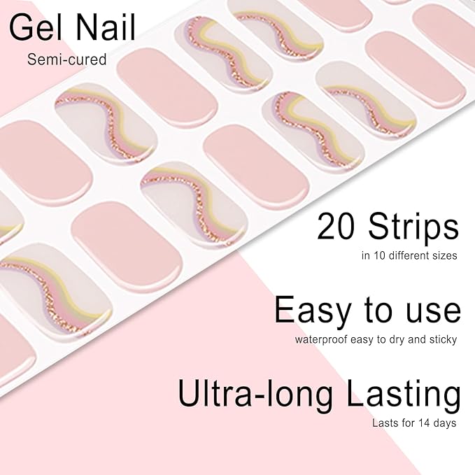 20pcs Semi Cured Gel Nail Strips, Real Nail Polish Art Stickers, Starry River Pink Gel Nail Stickers - Work with Any UV Lamp, Long Lasting Full Wraps with Nails File and Stick