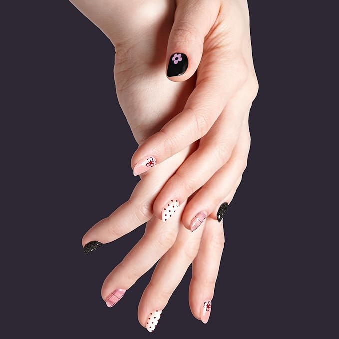 Semi Cured Gel Nail Strips-Variety Press on Nails Set Floral Print, Polka Dot & Minimalist Design, Short Almond Semi Gel Nails, French Manicure Alternative(Floral Fantasy）