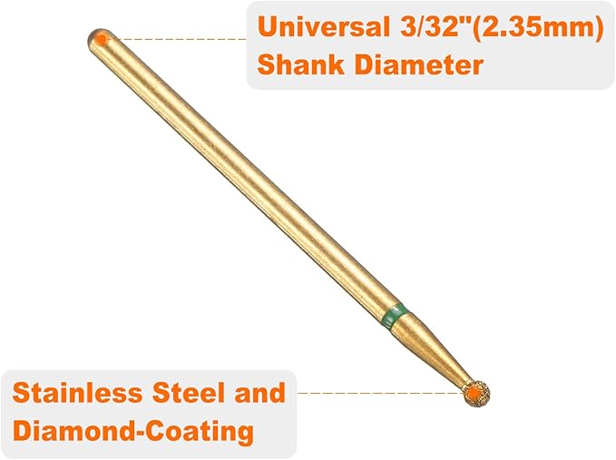 HARFINGTON 6pcs 100-120 Grits Diamond Grinding Bit 2mm Ball Head 2.35mm Shank 2mm Length Titanium Plated Stone Sanding Drill Bits Rotary Tool for Nails Grinding Polishing