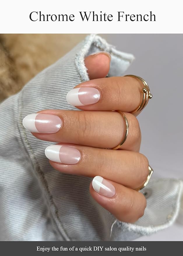 Semi Cured Gel Nail Strips (White French Chrome), Pearl, Glazed, 20 Pcs Gel Nail Wraps, Stickers, UV Light Required, Salon Quality, Long Lasting
