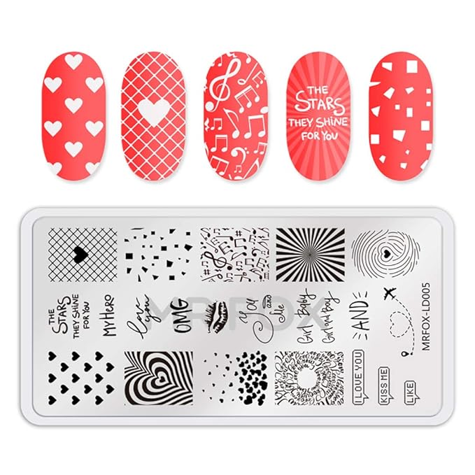 MR.FOX 5 Pcs Nail Print Board Set Valentine's Day Theme Various Hearts Cupid Electrocardiogram Nails Art Stamping Plate