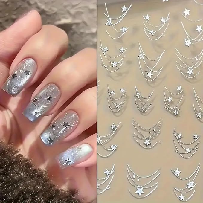 Star Chain Nail Art Stickers Decals Aurora French Star Chains Nail Stickers 1PCS Hot Stamping Silvery Stars Stripe Elegant Self-Adhesive Design Manicure Sliders Accessories for Women Nail Decorations