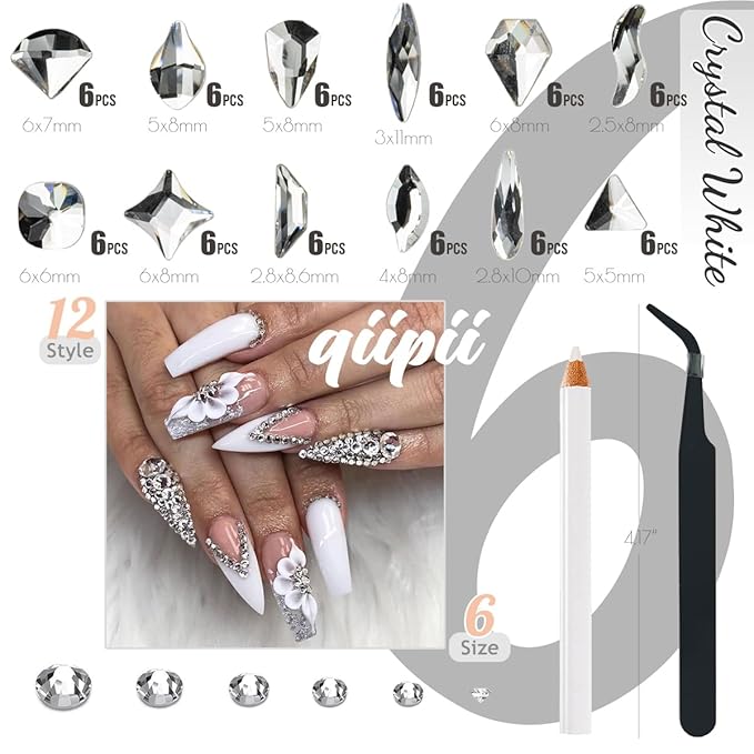 2052Pcs Crystal Clear Nail Rhinestones 72 Multi Shapes Crystal White Rhinestones for nails Flatback Big Nail Gems +1980 K9 Glass Round Beads Stones Diamonds Nail Charms Art for Nails Faces Eyes