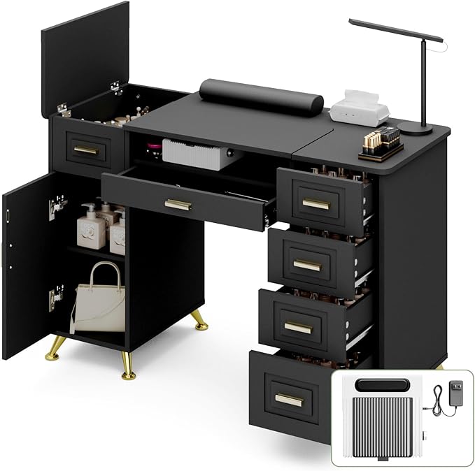 Manicure Table with Removable Panel, Nail Tech Desk with Dust Collector, Drawers & Storage, Nail Station for Salon or Home Studio (Black)