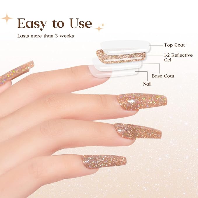 MIZHSE Reflective Gel Nail Polish, Glitter Gold Gel Polish, Sparkly Shiny Nail Effect Soak Off Nail Art Varnish for Beginners DIY at Home