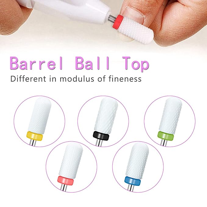 5 Size Professional Barrel Ball Top Ceramic Nail Drill Bits Set with Holder for Electric Nail File Manicure Pedicure Acrylic Gel Polishing, 3/32'' (2.35mm)