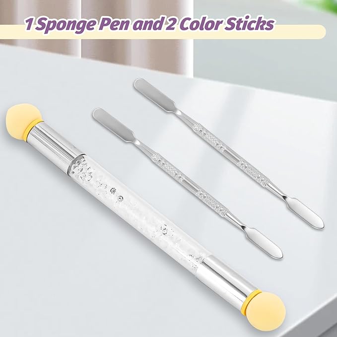 2 Pcs Resin Nail Art Palette with UV Gel Gradient Sponges Pens and Spatula, Gold Edge Gel Nail Polish Mixing Palettes, Makeup Color Pallet, Portable Nail Design Kit for Manicure DIY Tools(Pink&Purple)