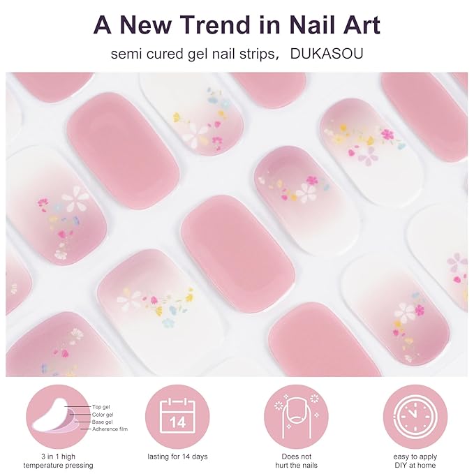 Semi Cured Gel Nail Strips,28 PCS Nail Wraps for Women(Flower),Gel Stickers for Nails UV Light, Includes Prep Pads, NailFile & Wood Stick