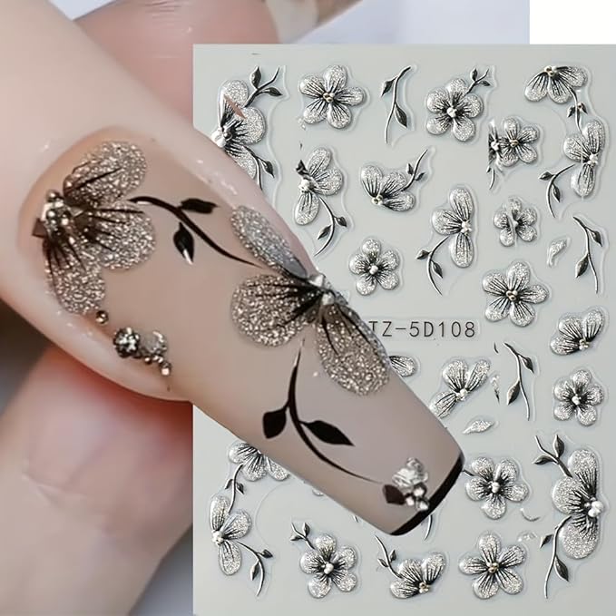 6 Sheets Flowers Nail Art Stickers Decals 5D Self-Adhesive Spring Colorful Embossed Floral Nails Decals Designs DIY Flowers Nail Stickers Supplies for Women Nail Art Manicure Decoration Accessories