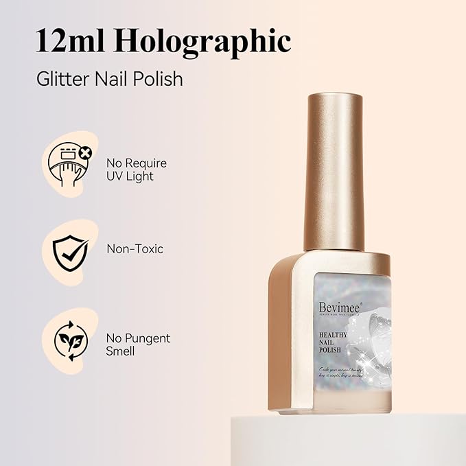 Glitter Nail Polish, 12ML Shimmer Holographic Reflective Nail Polish Air Fast Drying Sparkly Iridescent nail polish Varnish Nail Lacquer Transparent Natural Nail Art for Beginner-1PC