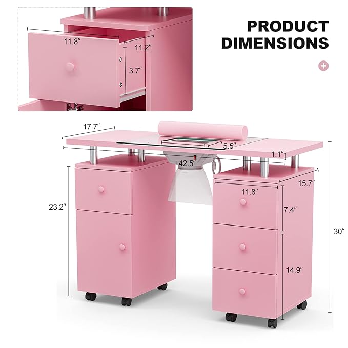 Paddie Manicure Table, Glass Top Nail Makeup Desk Nail Table Station for Nail Tech w/Electric Downdraft Vent, Wrist Cushion, Lockable Wheels, Storage Drawers, Wooden Handles（Pink）