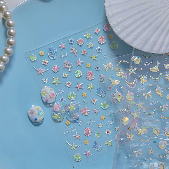 Holographic Ocean Theme Nail Art Decals, 2 Sheets, Self-Adhesive Stickers with Seashells, Dolphins, Starfish, Coral Design for Women's Nail Decoration