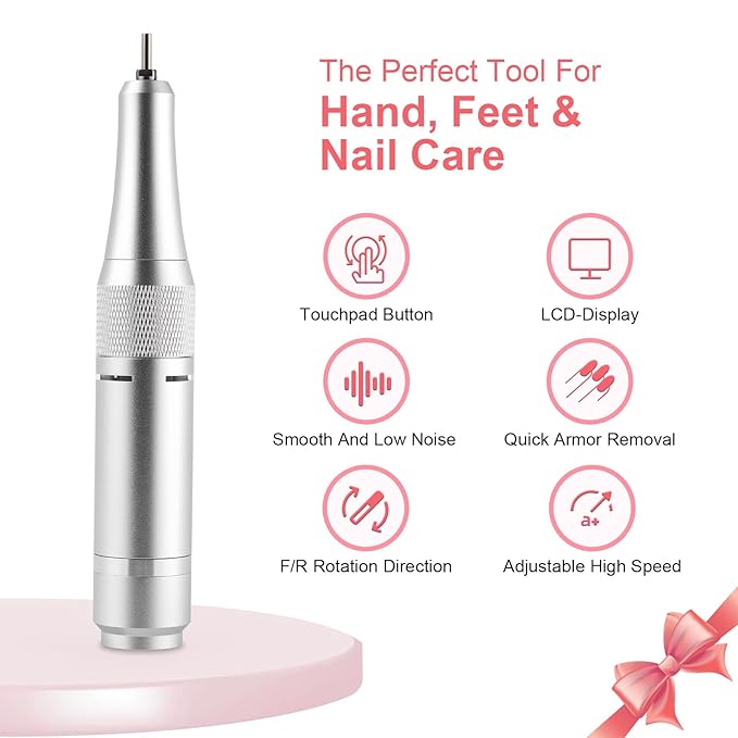 Electric 45000RPM Nail Drill Machine Rechargeable Portable Nail File Electric DIY Nail Drill Kit with Smart LCD Screen for Gel Nail Manicure and Pedicure Reflective Body etc (Pink)
