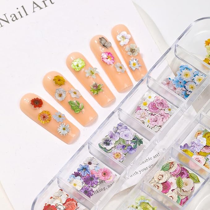 300pcs 3D Flower Nail Art Sequins Decals Colorful Mixed Flowers Leaves Design Slice Nail Flowers Ultra Wood Pulp Flakes Sequins 2