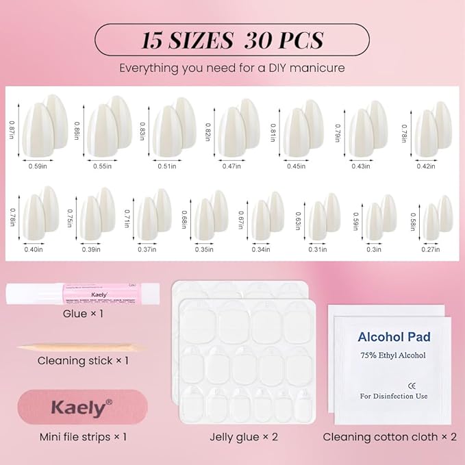Press on Nails Short Almond - White Chrome Glazed Glossy Press on Nail Tips Glue On Nails with Nail Glue for Gift, Reusable Stick On Nails in 15 Sizes - 30 Full Cover Acrylic Soft Gel Fake Nails Kit