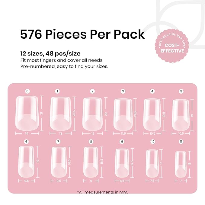 Beetles Gel Nail Tips Etch-X, Square Short, 576Pcs 12 Sizes, Pre-Shaped Half Matte Full Cover Soft Acrylic Fall False Nail Tips Easy DIY Press On Nail Extension Manicure Salon Gift for Women