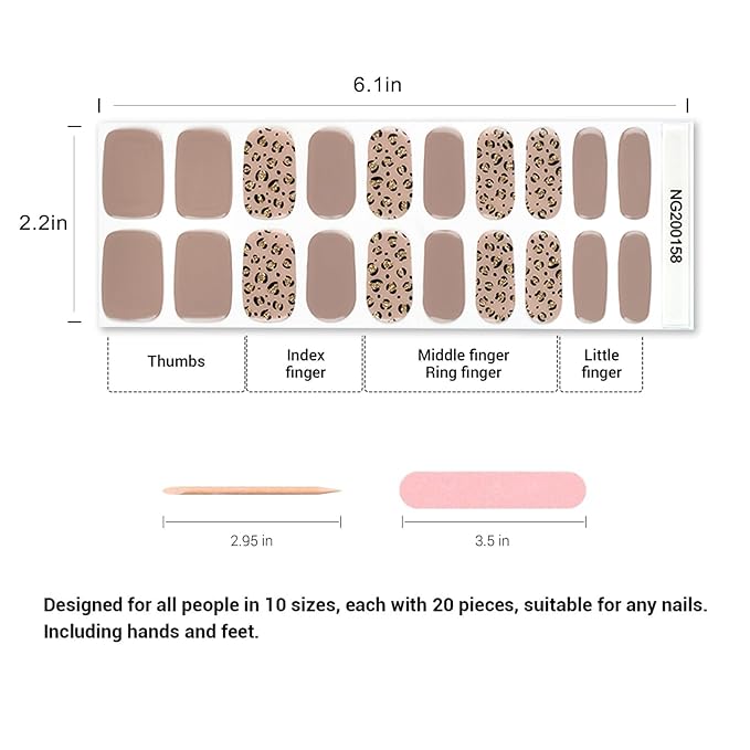 20pcs Semi Cured Gel Nail Strips, Real Nail Polish Art Stickers, Leopard Brown Gel Nail Stickers - Work with Any UV Lamp, Long Lasting Full Wraps with Nails File and Stick