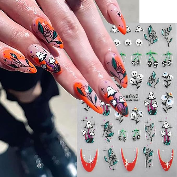 4 Sheets Halloween Nail Art Stickers 3D Self-Adhesive Goth Nail Stickers Flower Skull Ghost Designs Skeleton Nail Decals Nail Art Supplies for Women Acrylic DIY Halloween Holiday Nail Decoration DIY