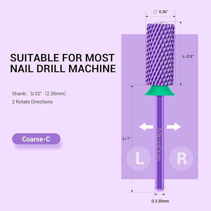 MelodySusie Large Barrel 3/32'' Tungsten Carbide Nail Drill Bit, Crystal Top Purple Heart Shape, Fast Remove Acrylic Gel, Cuticle Gel Polishing for Manicure Pedicure, Purple, Series Bit-S, Coarse