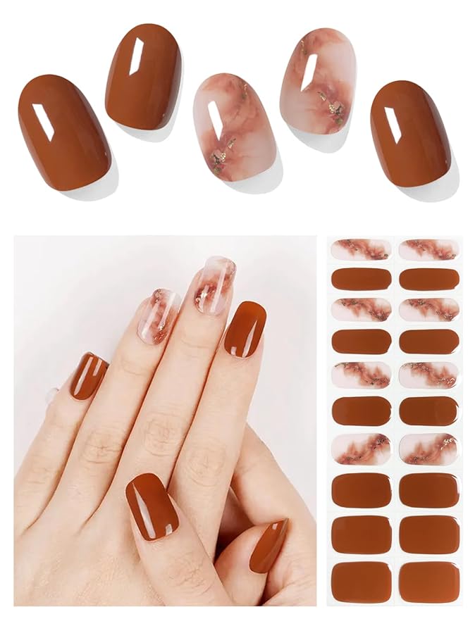 Semi Cured Gel Nail Strips (Brick Red Marble), Brown, 20 Pcs Gel Nail Wraps, Stickers, UV Light Required, Salon Quality, Long Lasting