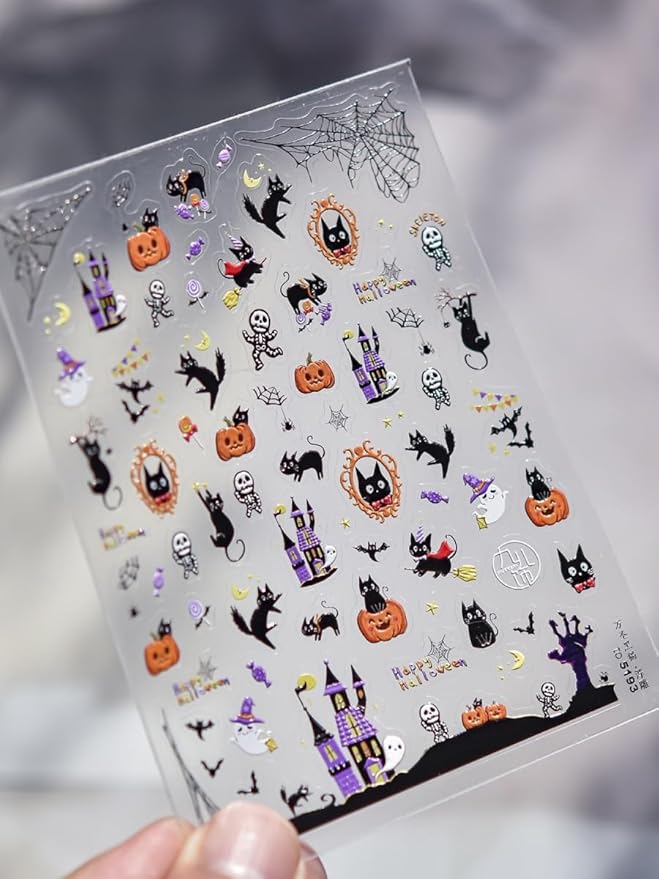 Halloween Nail Stickers 5D Embossed - Self-Adhesive Nail Art with Cute Ghosts, Pumpkins, Cats, Haunted Houses. Easy to Apply, Long Lasting, Perfect for DIY Manicure, Trick or Treat, Home or Salon