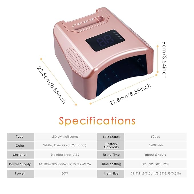 Cordless UV LED Nail Lamp 80W 52LEDs Gel Nail Polish Dryer Quick Drying Fingernail Toenail Curing Lamp 4 Timer Settings with Auto Sensor Digital Display Screen Nail Art Salon Tool