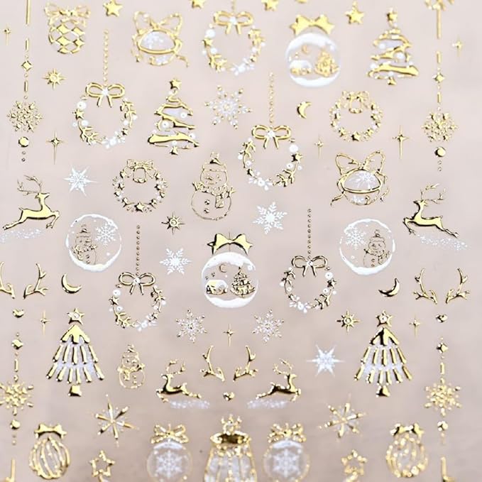 Christmas Nail Sticker 5D Embossed Gold Xmas Tree Reindeer Snowman Nail Art Sticker Self Adhesive Nail Decals Snowflake Nail Art for Women Girls Manicure Supplies Nails Art Decorations
