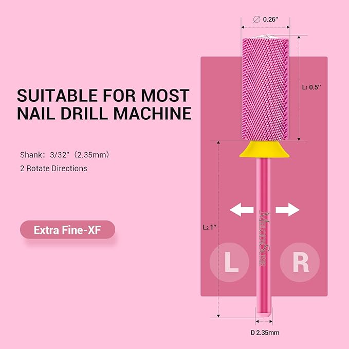 MelodySusie Large Barrel 3/32'' Tungsten Carbide Nail Drill Bit, Crystal Top Pink Heart Shape, Fast Remove Acrylic Gel, Cuticle Gel Polishing for Manicure Pedicure, Pink Blossom, Series Bit-S, XF