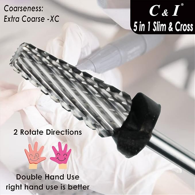 C & I 5 in 1 Nail Drill Bit, Cross & Slim Edition, Professional Nail Drills for Electric Manicure Drill Machine (Extra Coarse -XC)