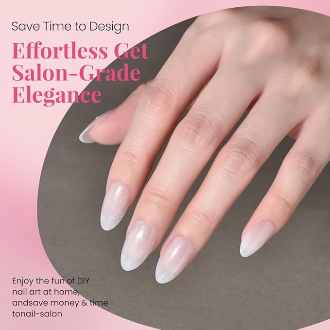evpct Cat Eye Press on Nails Almond Short, Cat Eye Stick on Nails Press on, Pearl White Glitter Short Almond Press Glue on Nails, Fake Nails Press ons with glue, 30Pcs Reusable Acrylic Fake Nails Kit