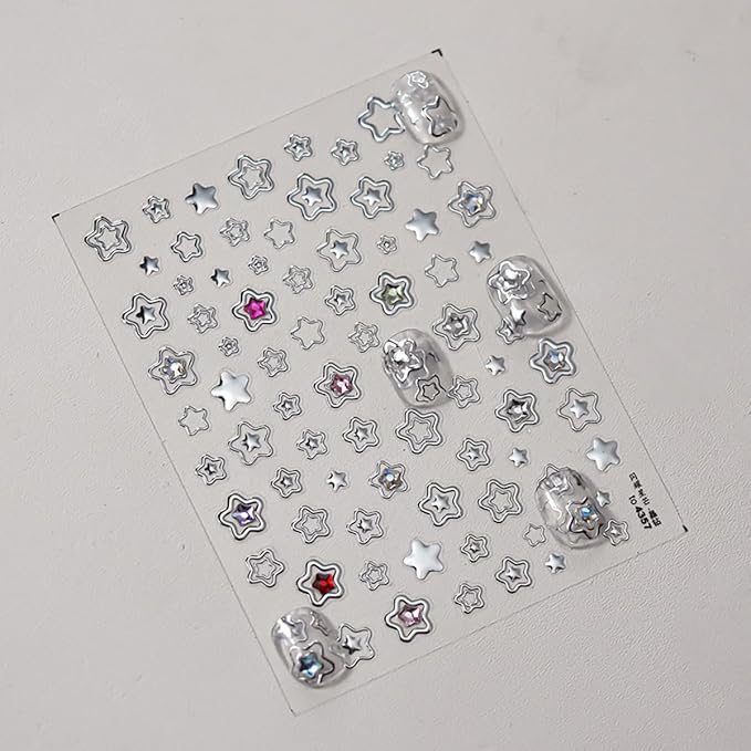 Star Nail Art Stickers Decals Shiny Silver Star 5D Embossed Nail Decals with Crystal, 1PCS Hollowed Stars Self-Adhesive Nails Design Manicure Sliders Y2K Nail Art Supplies for Women DIY Decorations