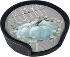 6 Pcs Fall Blue Pumpkin Eucalyptus Leaves Grey Leather Coasters - Image 2