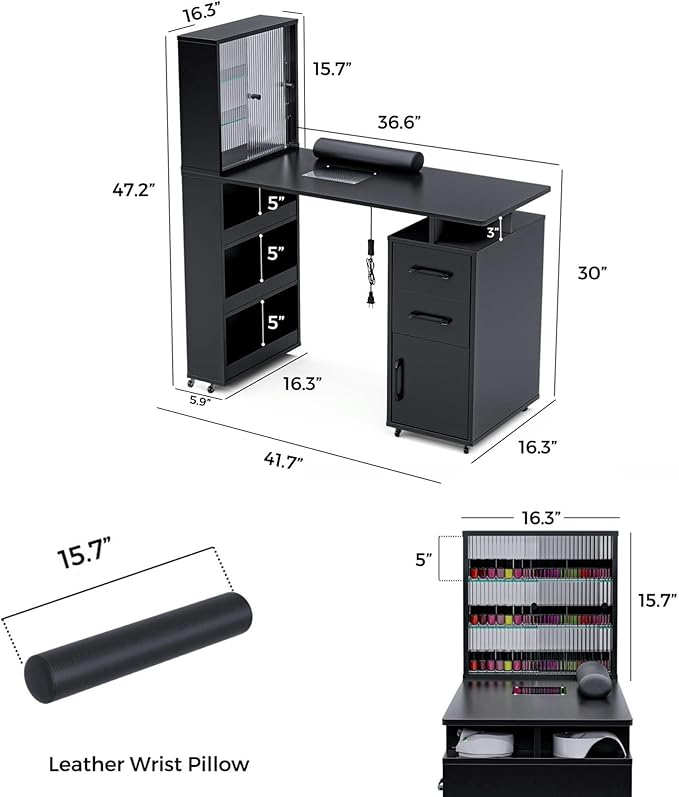 Manicure Table Nail Desk w/Glass Door Storage Cabinets & Wrist Rest, Beauty Salon Workstation, Acetone Resistant, with Dust Collector (Black)