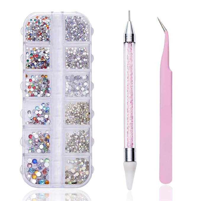 12 grid flat back Rhinestones with Tweezers and Wax Pencil Gems , DIY decorative Nail Face and apparel accessories (mixed color,crystal AB and starry sky)