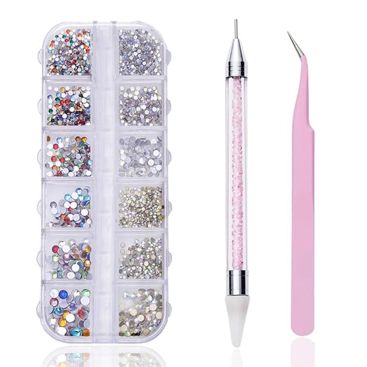 12 grid flat back Rhinestones with Tweezers and Wax Pencil Gems , DIY decorative Nail Face and apparel accessories (mixed color,crystal AB and starry sky)