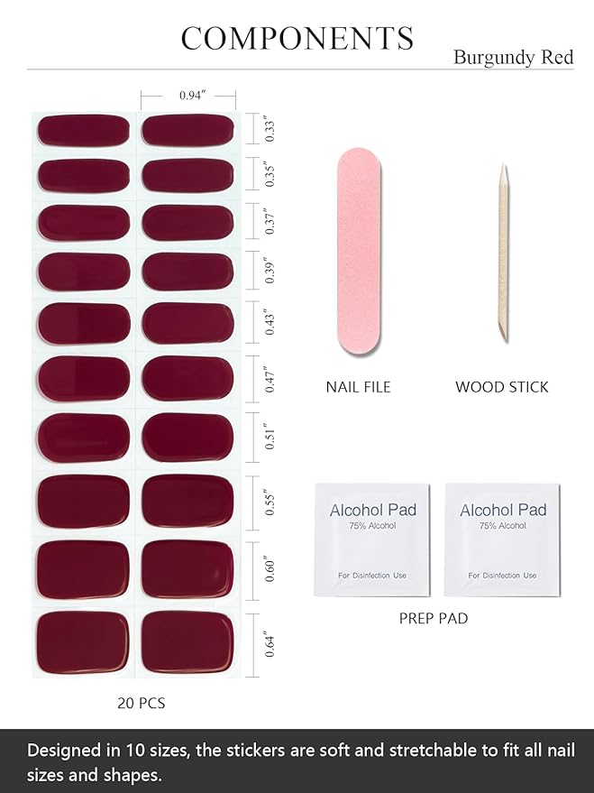 Semi Cured Gel Nail Strips (Burgundy Red), 20 Pcs Gel Nail Wraps, Stickers, UV Light Required, Salon Quality, Long Lasting