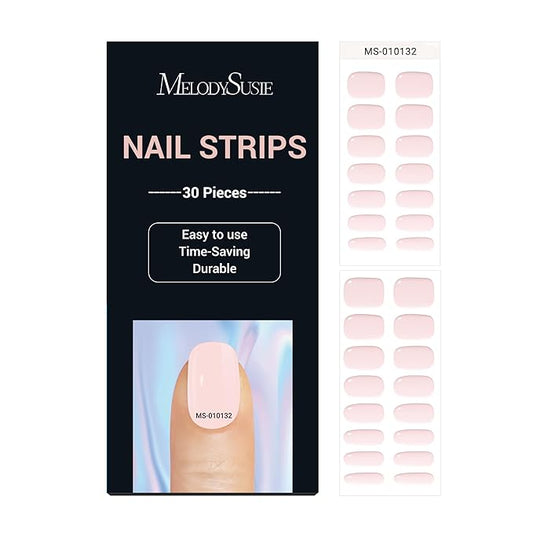 MelodySusie 30PCS Semi Cured Gel Nail Strips, Milky Pink, Salon Quality, Long Lasting, Easy to Apply, Includes 2 Prep Pads, Nail File and Wooden Stick