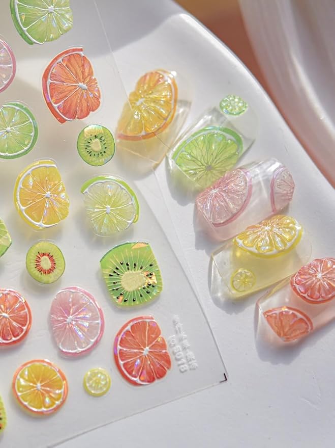 Lemonade Fresh Fruit Nail Stickers 5D Embossed – Premium Salon-Quality Nail Charm Accessories, Self-Adhesive & Easy to Apply Summer Vibe Decals for DIY Manicure, Nail Art, Press-Ons, Home or Salon Use