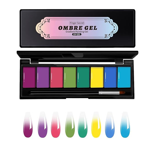 Finger Secret 8 Colors Ombre Gel Pat Nail Polish Set,Ombre Pigment for Nails,Gradient Painting Gel with 50Pcs Nail Sponges for 3D Gels Nail Art can be Painted in Salon or Home Use
