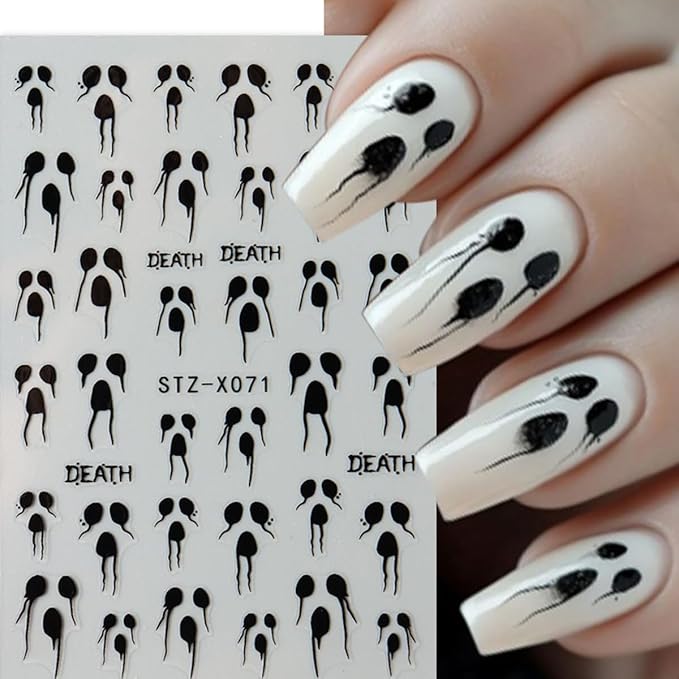 Halloween Nail Art Stickers 3D Self-Adhesive Halloween Nail Decals Nail Art Supplies 6PCS Black White Butterfly Wing Bone Ghost Face Glitter Spider Manicure Stickers for Women DIY Nail Decorations