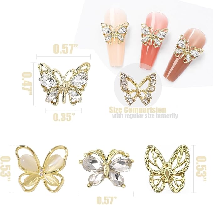 Big Butterfly Nail Charms, 26pcs 3D Golden Silver Butterfly Charms for Acrylic Nails Butterflies Nail Rhinestones Gems Charms Alloy Studs Nail Art Crystals Diamonds Decor Supplies for Nails DIY
